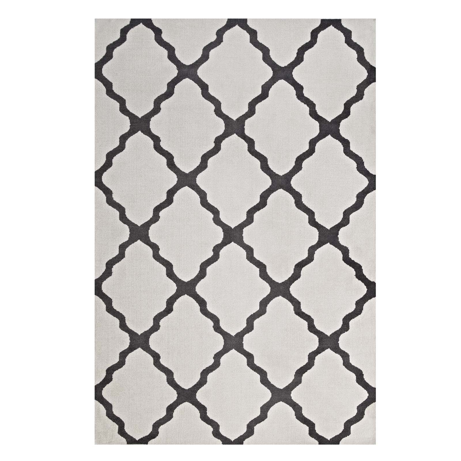 Ivory and charcoal Moroccan trellis rectangular rug with a bold lattice pattern.