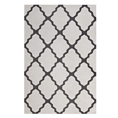 Ivory and charcoal Moroccan trellis rectangular rug with a bold lattice pattern.