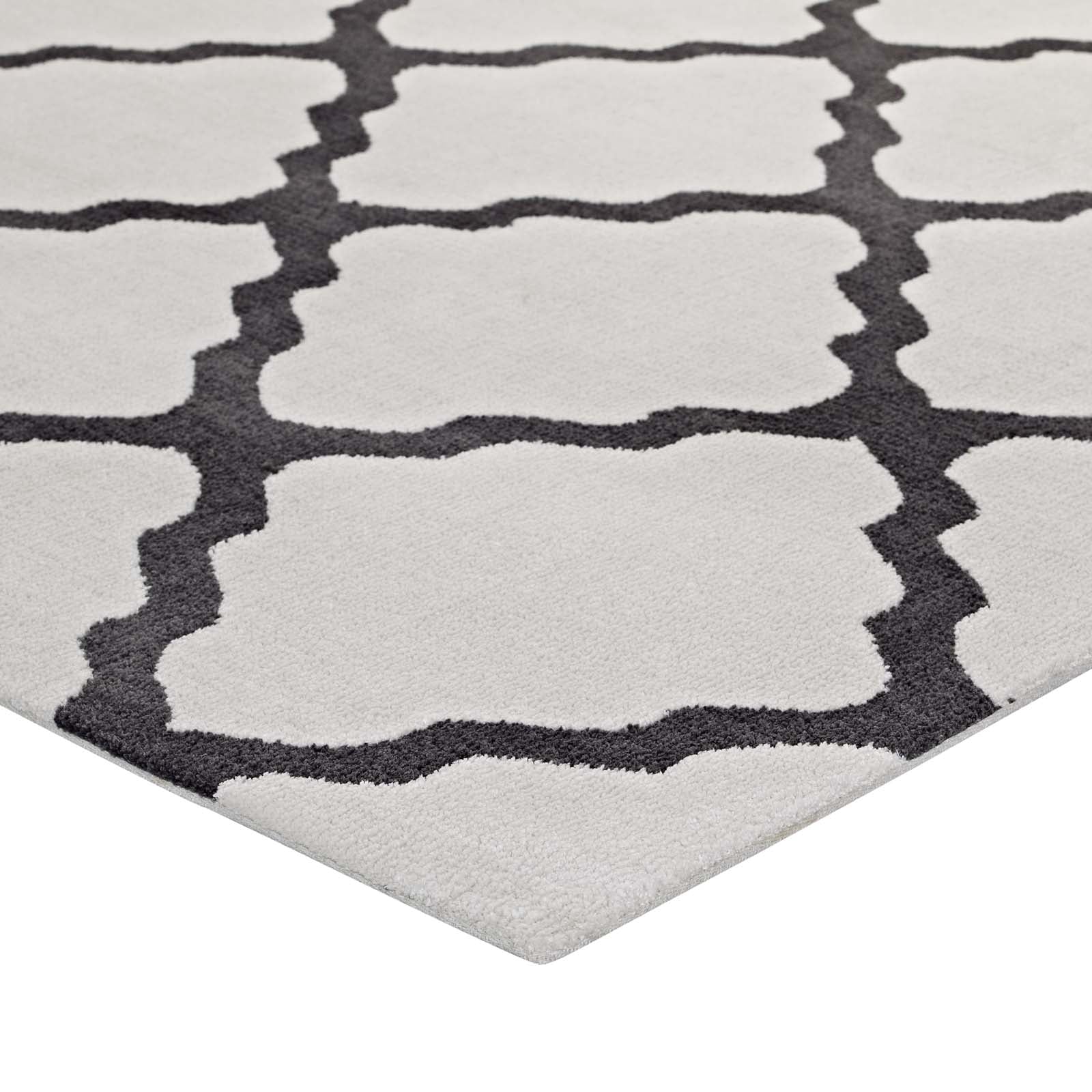 Ivory and charcoal Moroccan trellis area rug with plush pile; modern design.