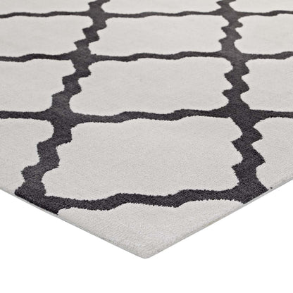 Ivory and charcoal Moroccan trellis area rug with plush pile; modern design.