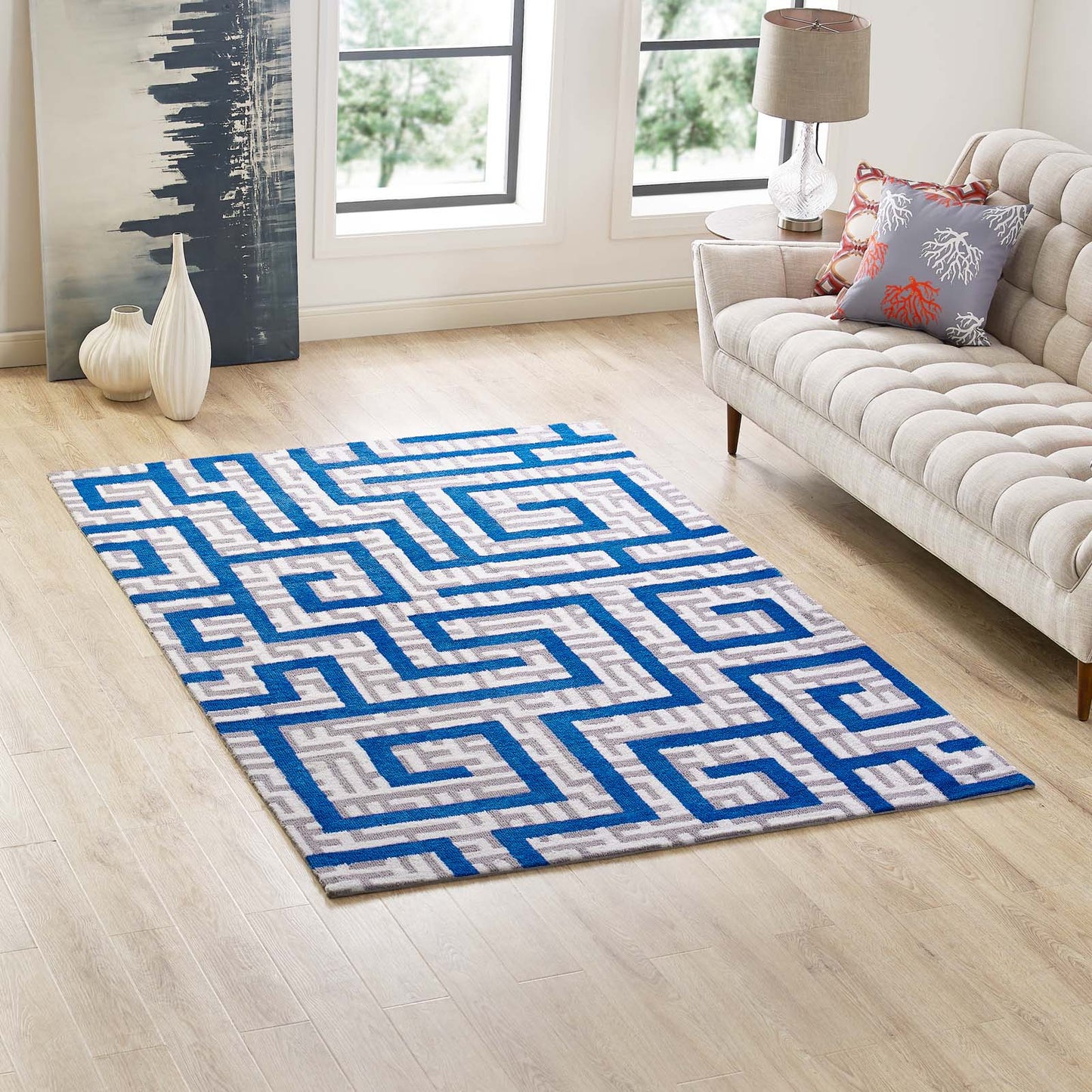Modway Outlet Nahia Geometric Maze 5x8 Area Rug by Modway  Living Room Rugs Ivory Light Gray and Blue - R-1015A-58