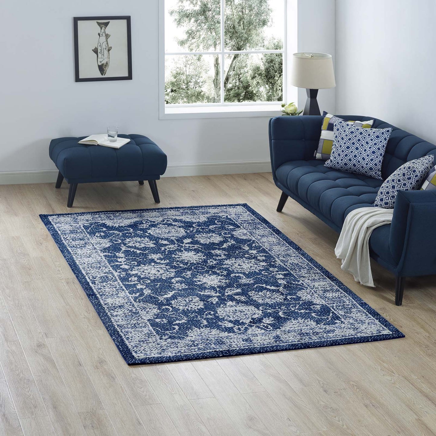 Modway Outlet Kazia Distressed Floral Lattice 5x8 Area Rug by Modway  Living Room Rugs Dark Blue and Ivory - R-1020B-58
