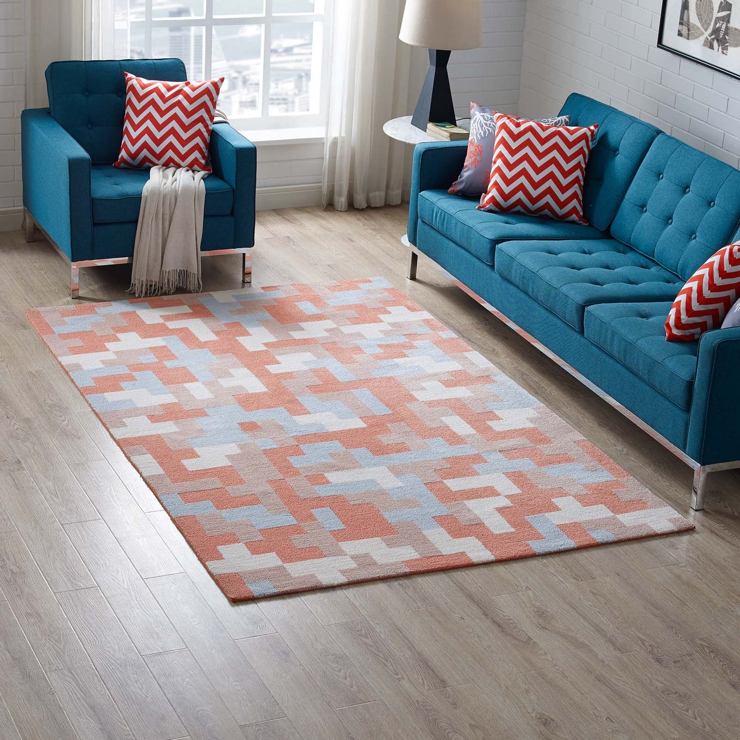 Modway Outlet Andela Interlocking Block Mosaic 5x8 Area Rug by Modway  Living Room Rugs Multicolored Coral and Light Blue - R-1022B-58