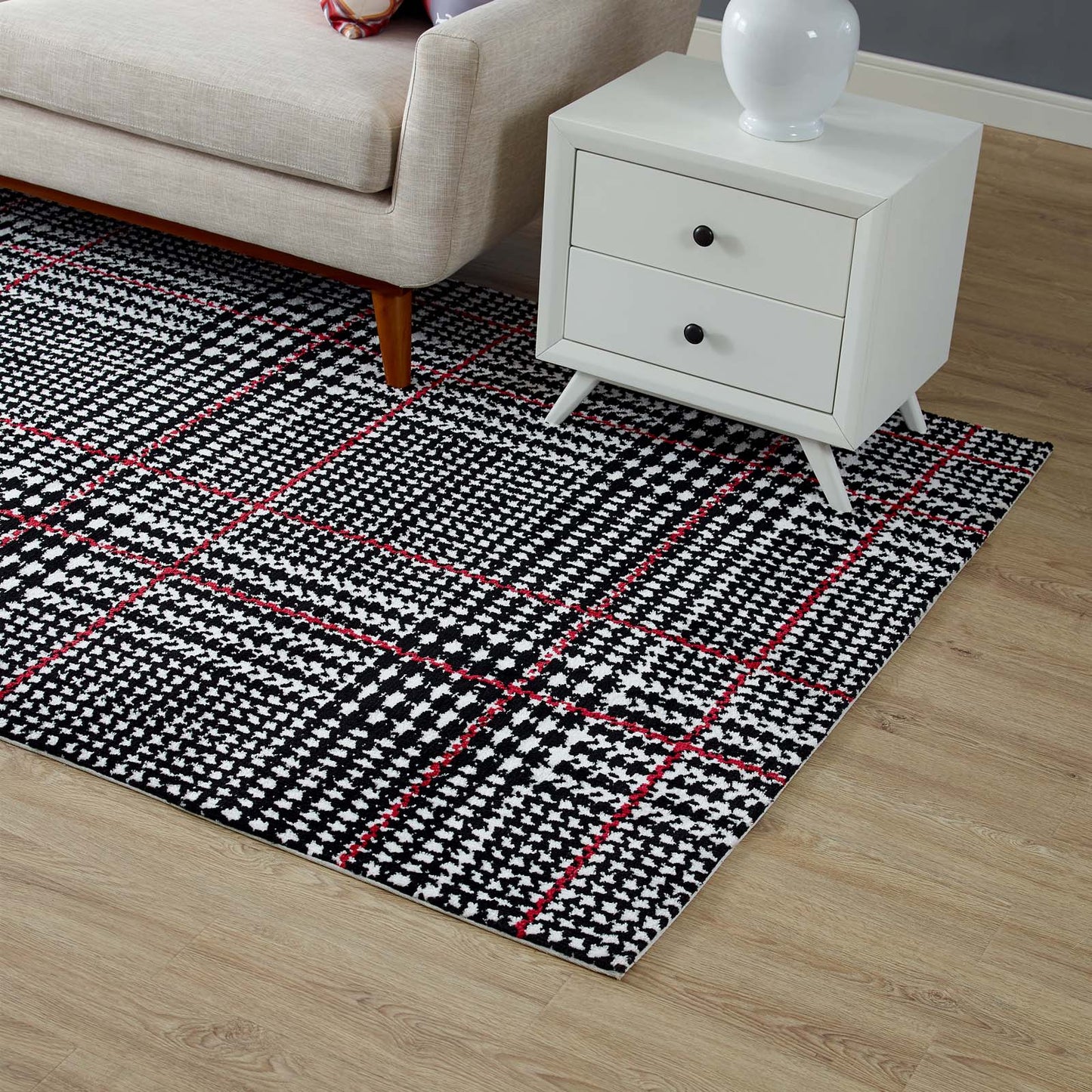 Modway Outlet Kaja Abstract Plaid 5x8 Area Rug by Modway  Living Room Rugs Ivory Black and Red - R-1024A-58