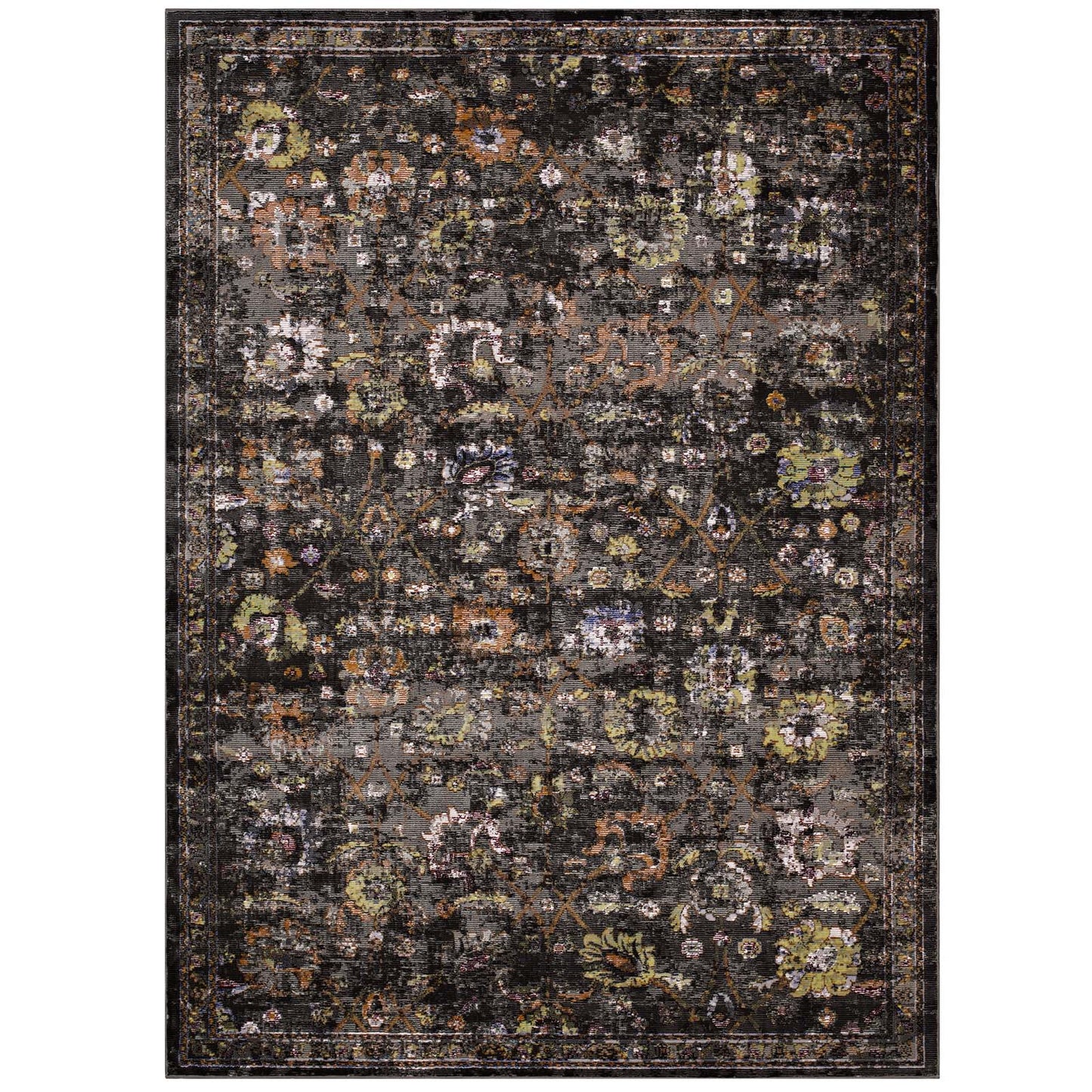 Modway Outlet Minu Distressed Floral Lattice 4x6 Area Rug by Modway  Living Room Rugs Black Yellow and Orange - R-1091A-46