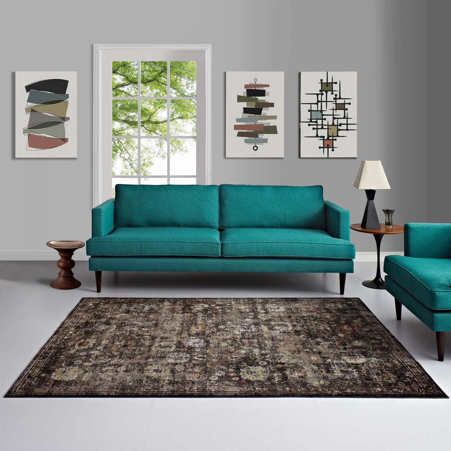 Modway Outlet Minu Distressed Floral Lattice 4x6 Area Rug by Modway  Living Room Rugs Black Yellow and Orange - R-1091A-46