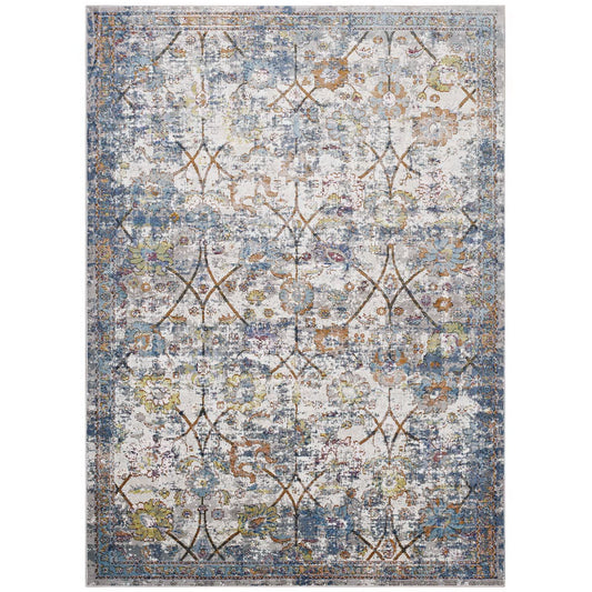 Modway Outlet Minu Distressed Floral Lattice 4x6 Area Rug by Modway  Living Room Rugs Light Blue Yellow and Orange - R-1091B-46