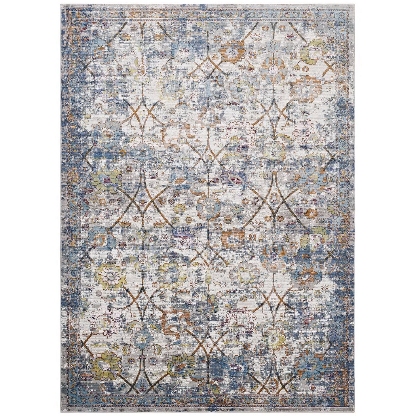 Modway Outlet Minu Distressed Floral Lattice 5x8 Area Rug by Modway  Living Room Rugs Light Blue Yellow and Orange - R-1091B-58