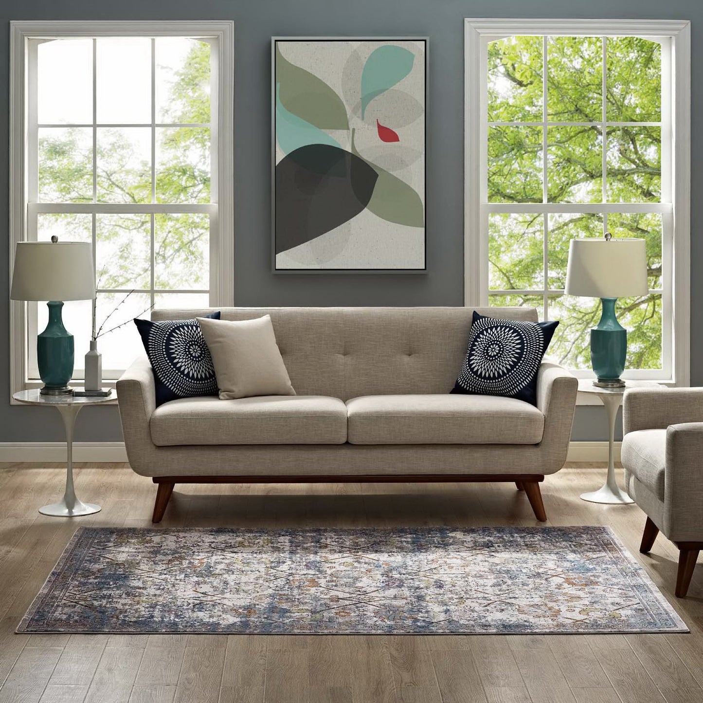 Modway Outlet Minu Distressed Floral Lattice 5x8 Area Rug by Modway  Living Room Rugs Light Blue Yellow and Orange - R-1091B-58