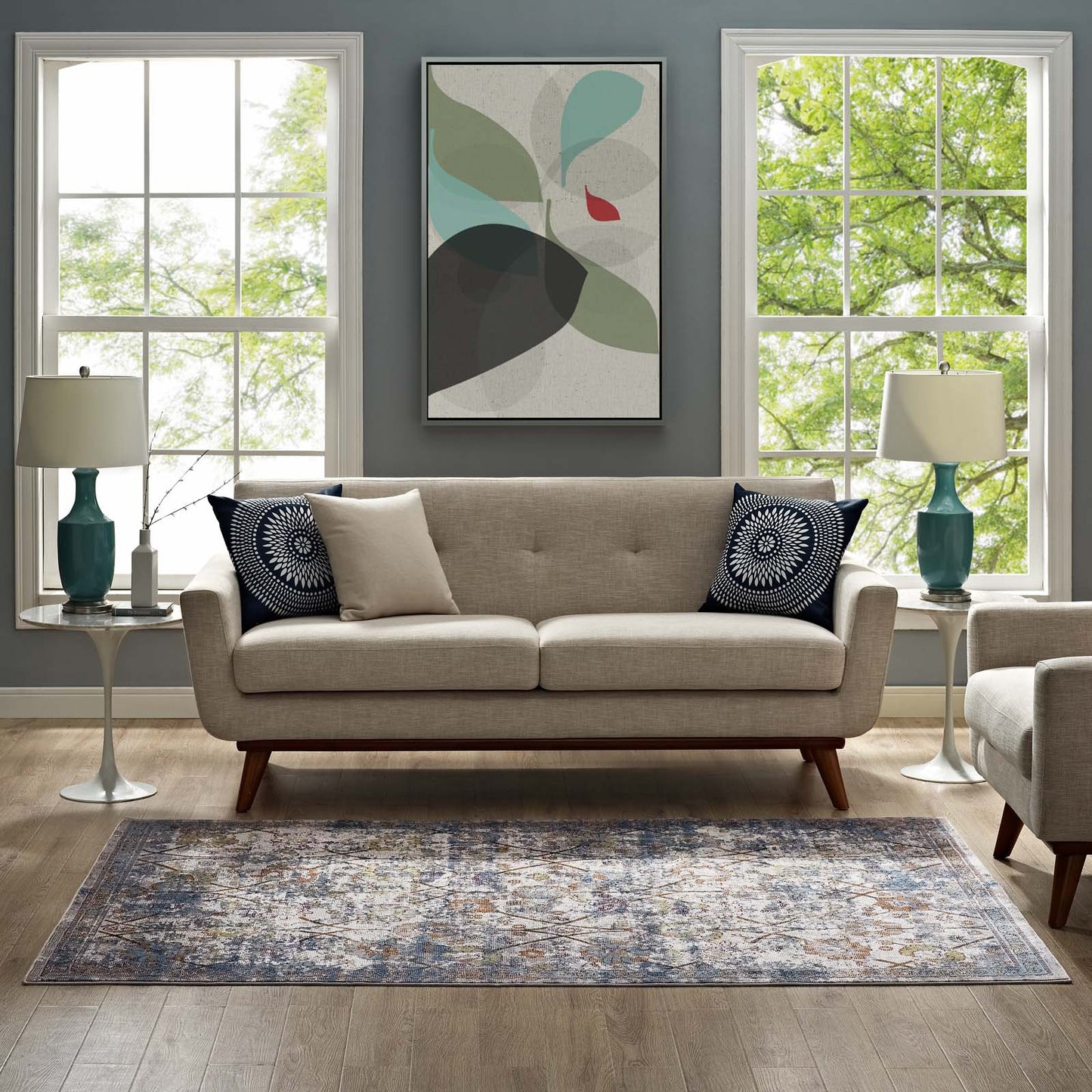 Modway Outlet Minu Distressed Floral Lattice 8x10 Area Rug by Modway  Living Room Rugs Light Blue Yellow and Orange - R-1091B-810