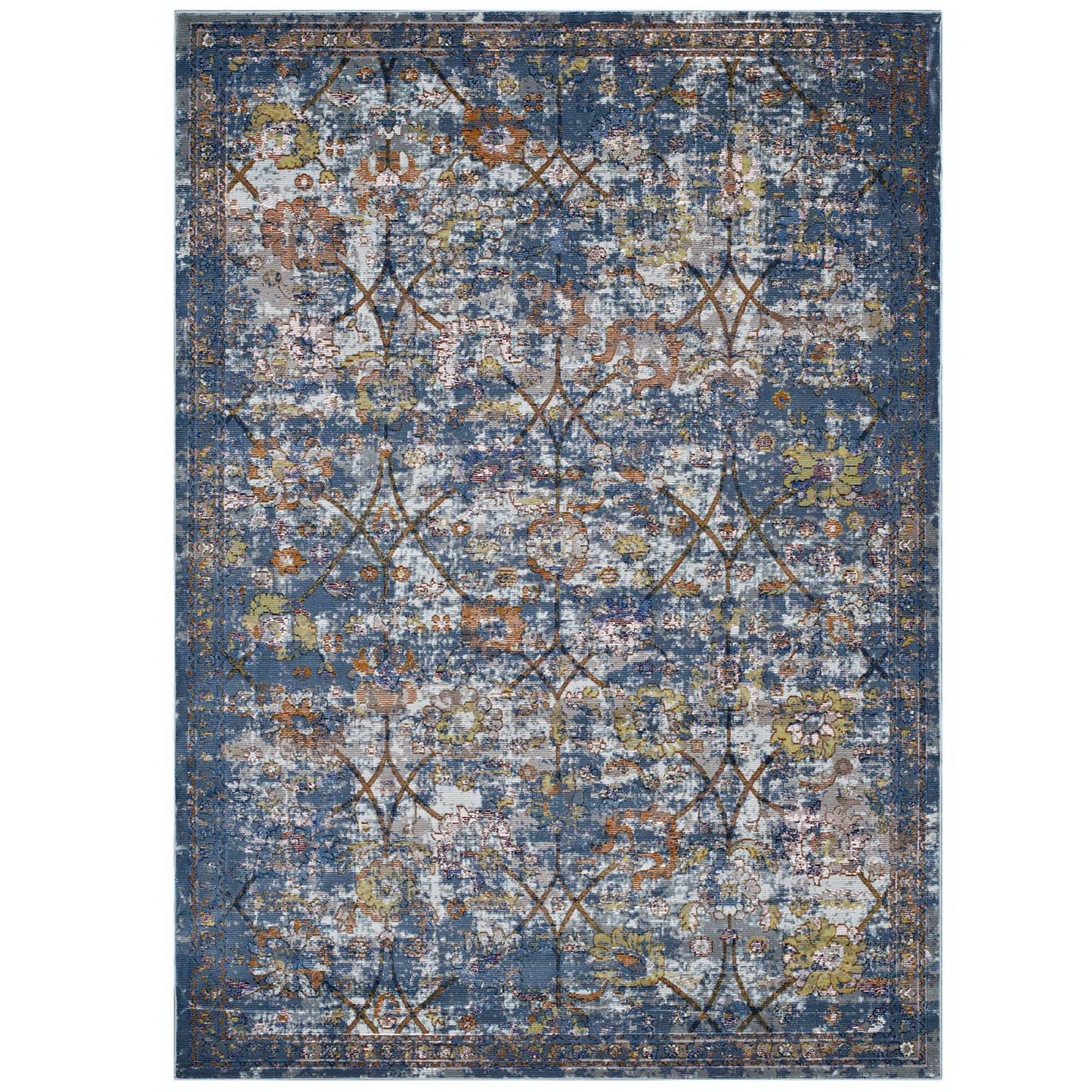 Modway Outlet Minu Distressed Floral Lattice 5x8 Area Rug by Modway  Living Room Rugs Blue Gray Yellow and Orange - R-1091C-58