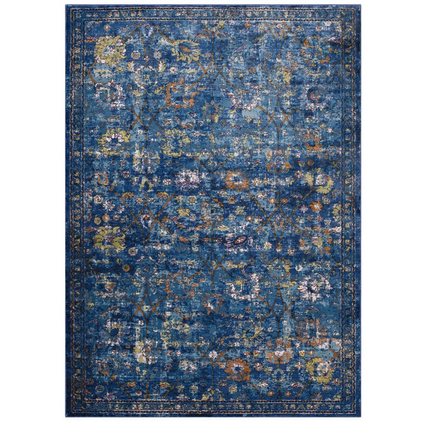 Blue floral area rug with gold, ivory and green accents in a vintage oriental design; rectangular for living rooms.