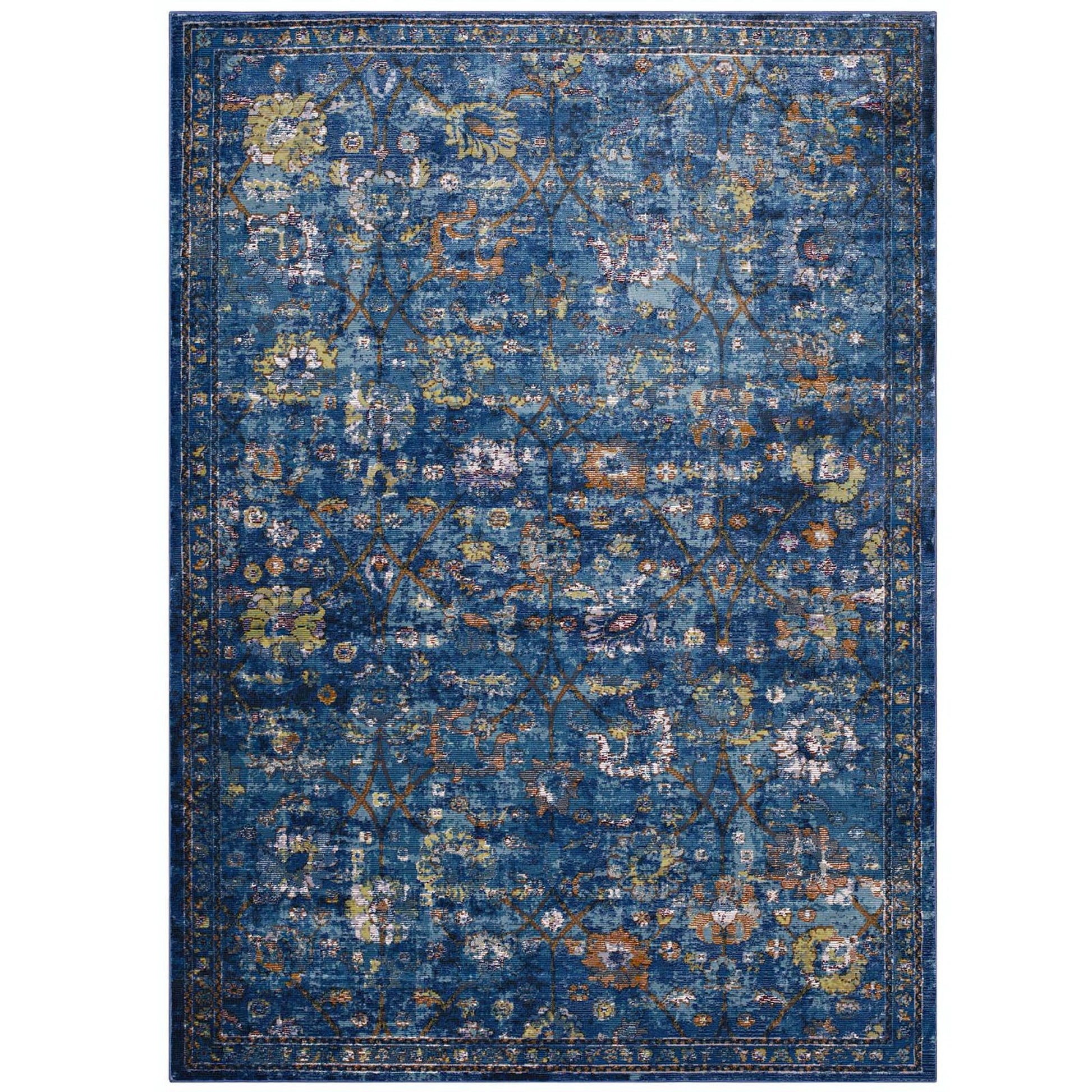 Blue floral area rug with gold, ivory and green accents in a vintage oriental design; rectangular for living rooms.