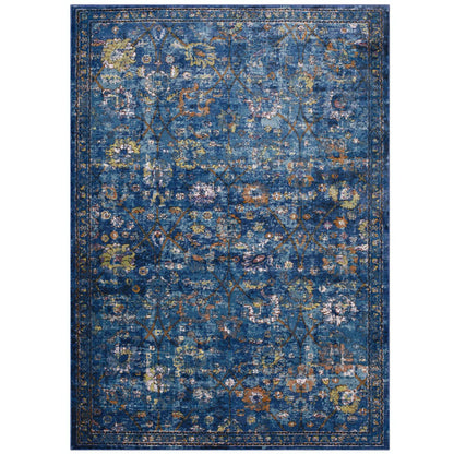 Blue floral area rug with gold, ivory and green accents in a vintage oriental design; rectangular for living rooms.