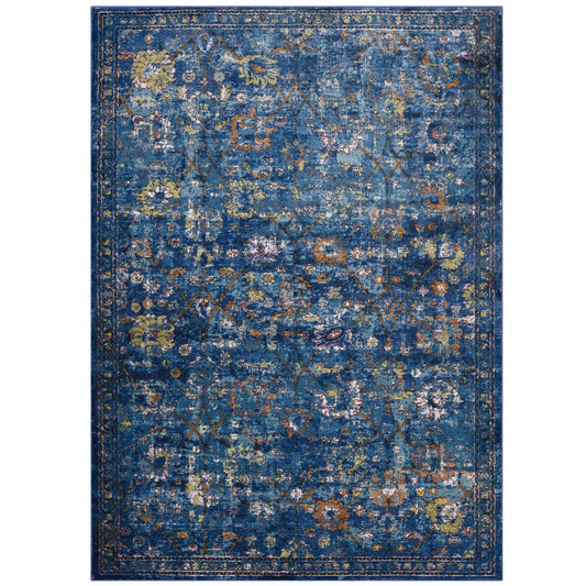 Modway Outlet Minu Distressed Floral Lattice 4x6 Area Rug by Modway  Living Room Rugs Dark Blue Yellow and Orange - R-1091D-46