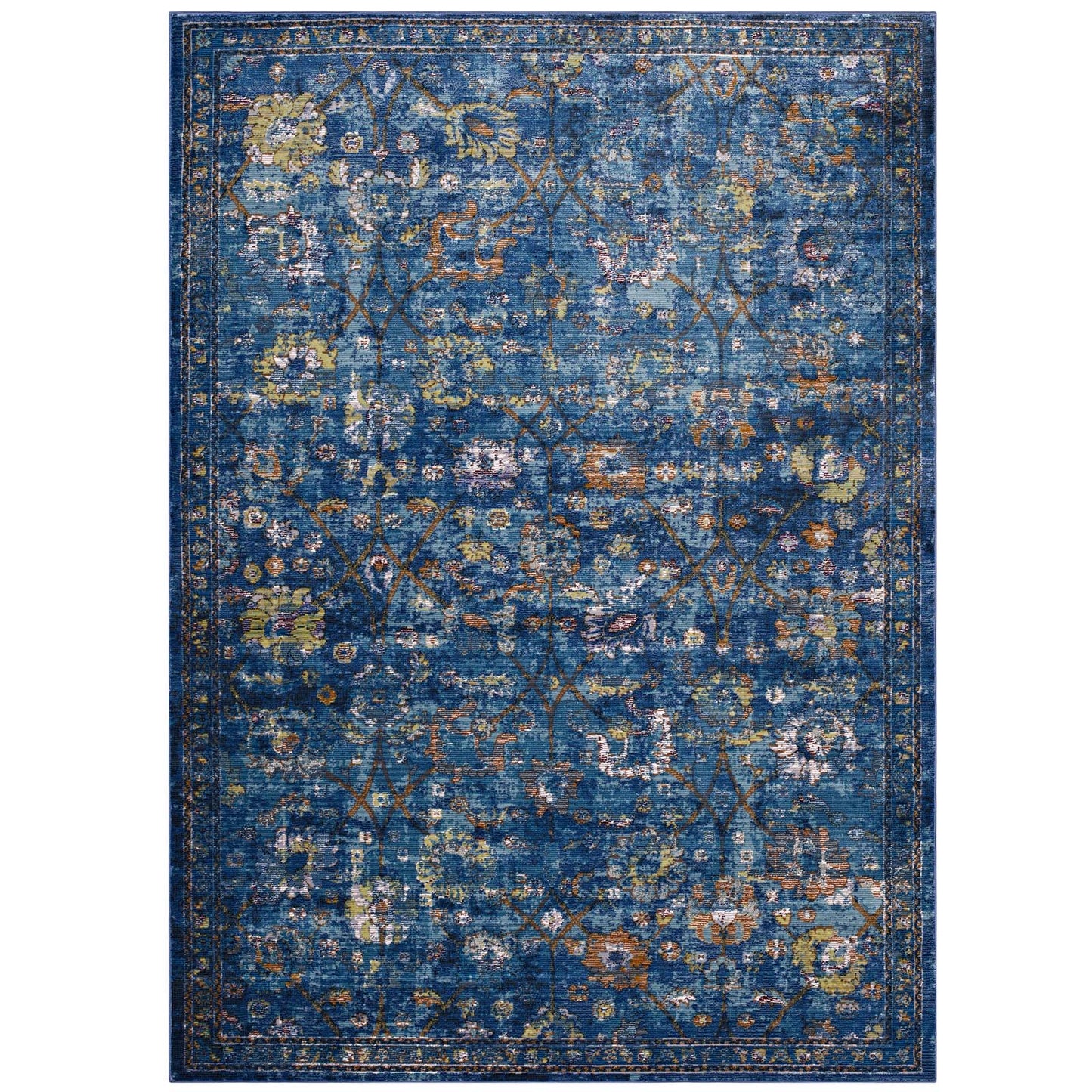 Modway Outlet Minu Distressed Floral Lattice 5x8 Area Rug by Modway  Living Room Rugs Dark Blue Yellow and Orange - R-1091D-58