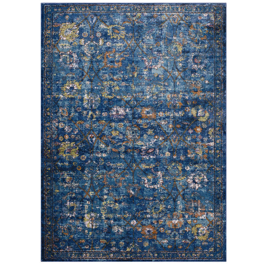 Modway Outlet Minu Distressed Floral Lattice 8x10 Area Rug by Modway  Living Room Rugs Dark Blue Yellow and Orange - R-1091D-810