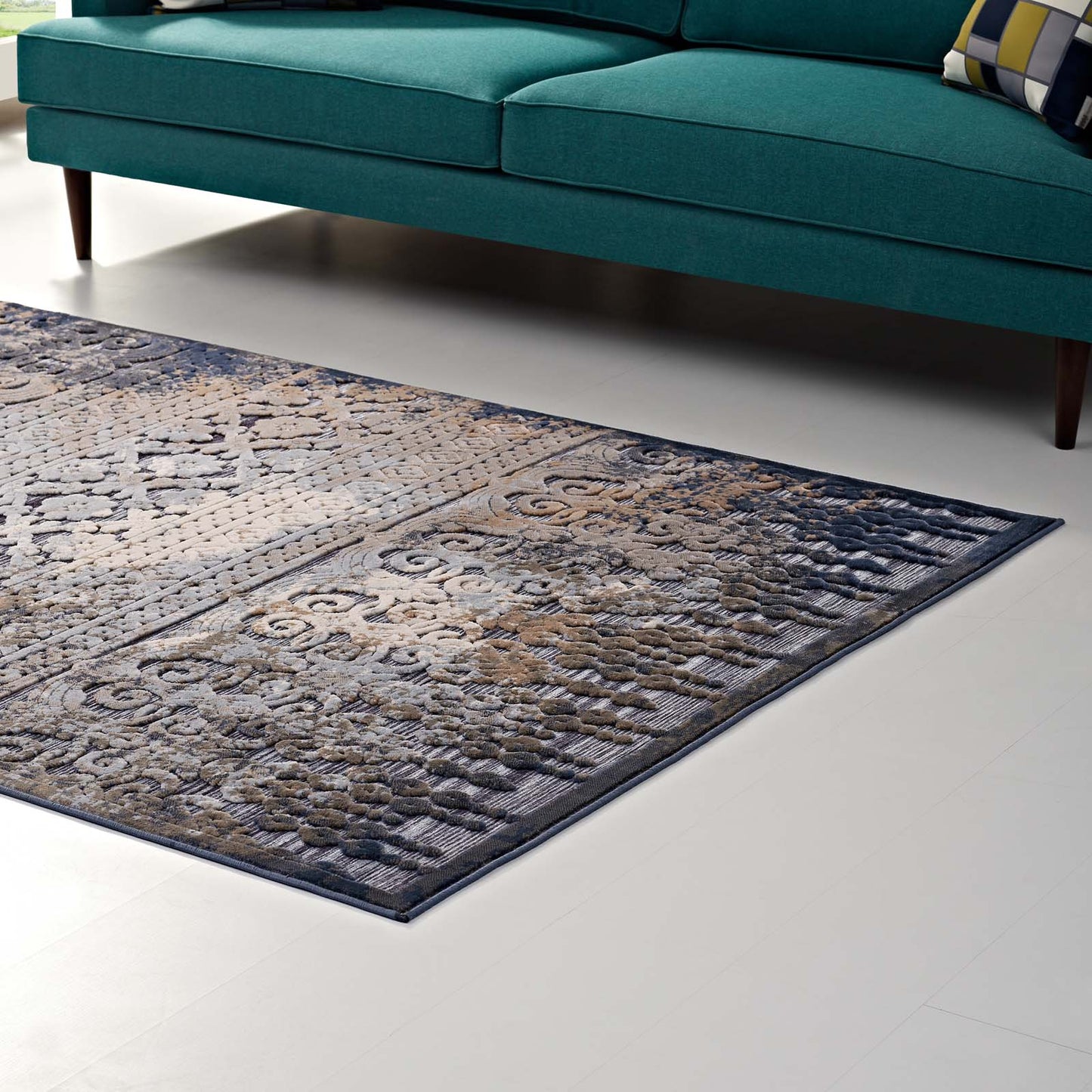 Modway Outlet Kalene Distressed Vintage Turkish 5X8 Area Rug by Modway  Living Room Rugs Blue Rust and Cream - R-1098A-58