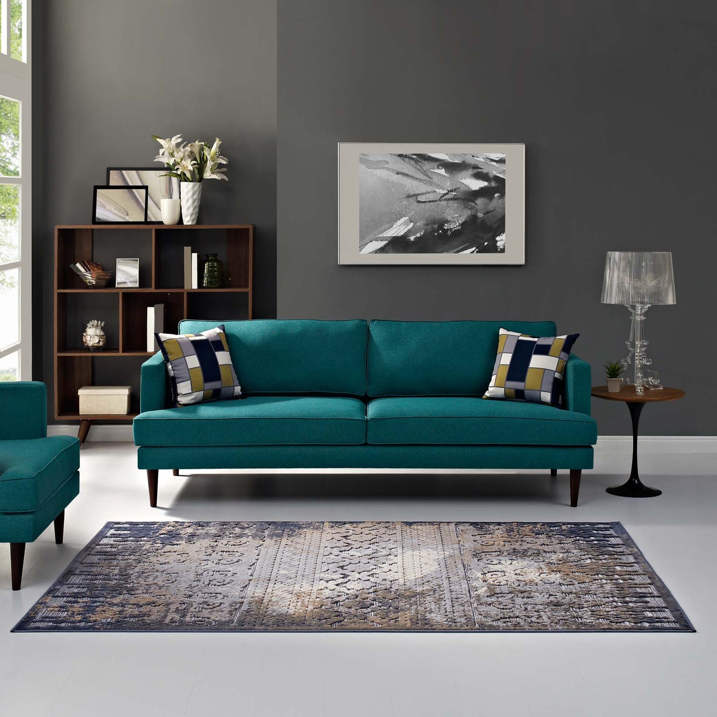 Modway Outlet Kalene Distressed Vintage Turkish 5X8 Area Rug by Modway  Living Room Rugs Blue Rust and Cream - R-1098A-58