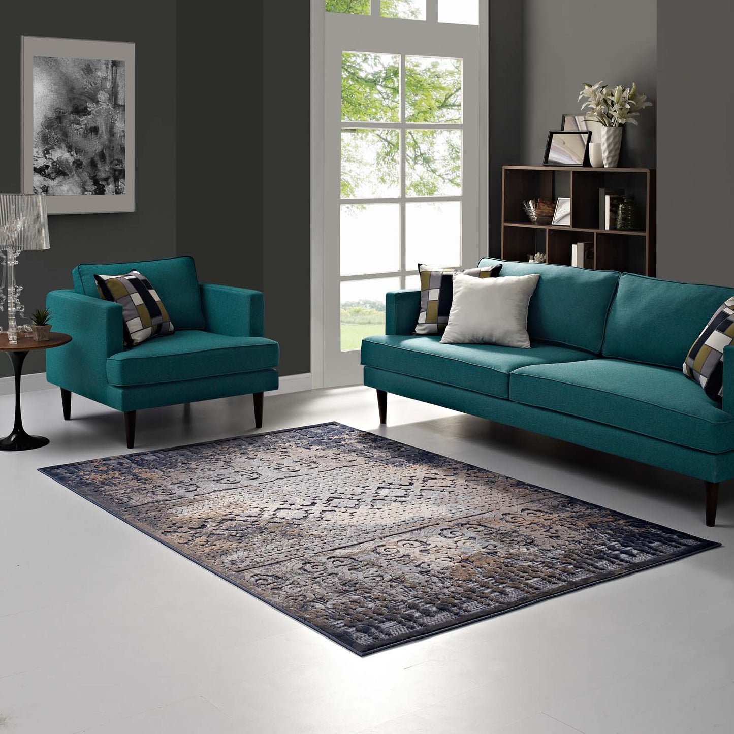 Modway Outlet Kalene Distressed Vintage Turkish 5X8 Area Rug by Modway  Living Room Rugs Blue Rust and Cream - R-1098A-58