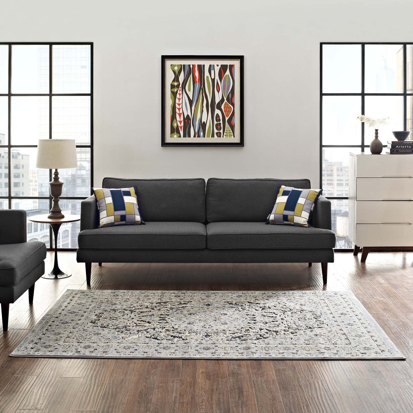 Modway Outlet Elqenna Ornate Vintage Floral Turkish 5x8 Area Rug by Modway  Living Room Rugs Blue and Cream - R-1099A-58