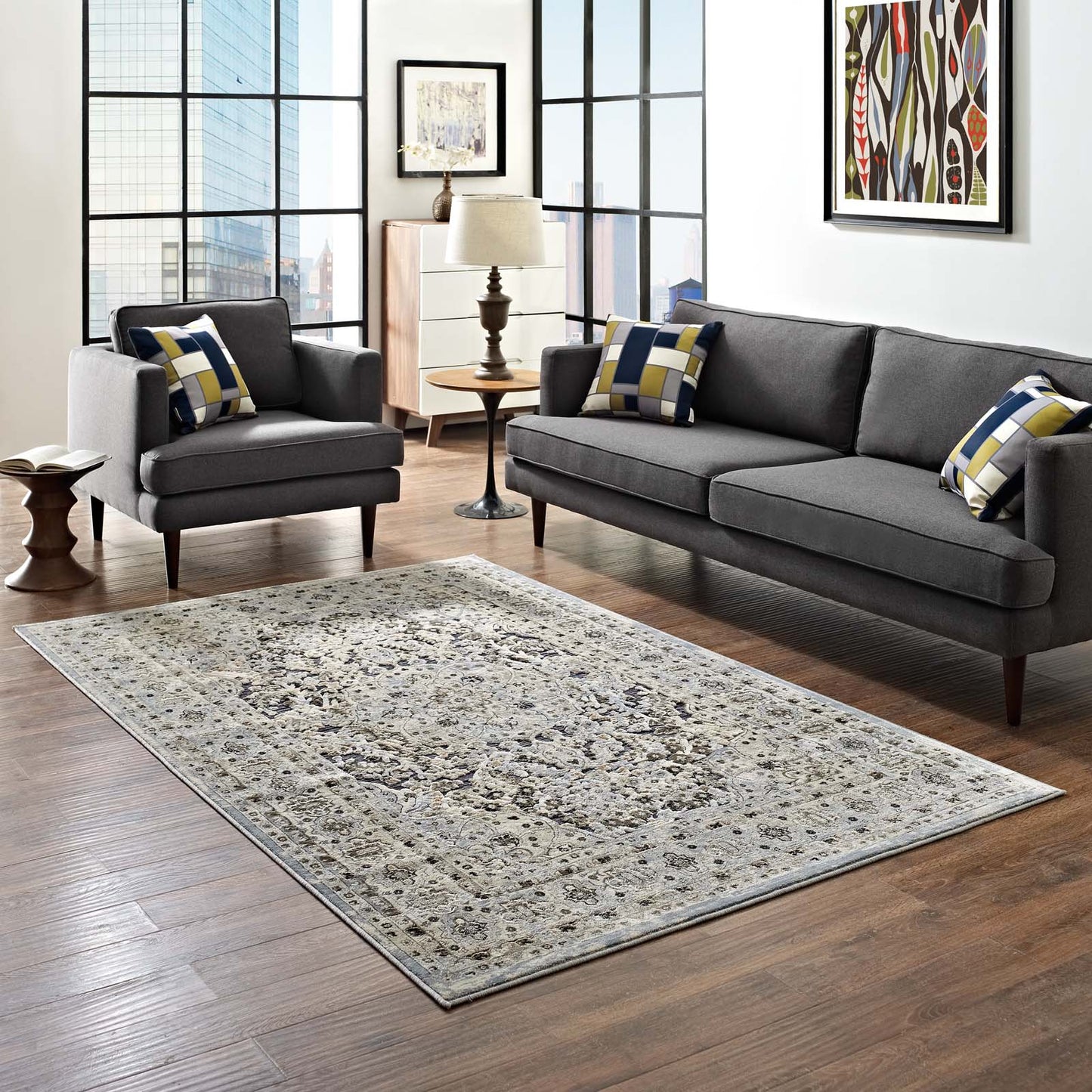 Modway Outlet Elqenna Ornate Vintage Floral Turkish 5x8 Area Rug by Modway  Living Room Rugs Blue and Cream - R-1099A-58