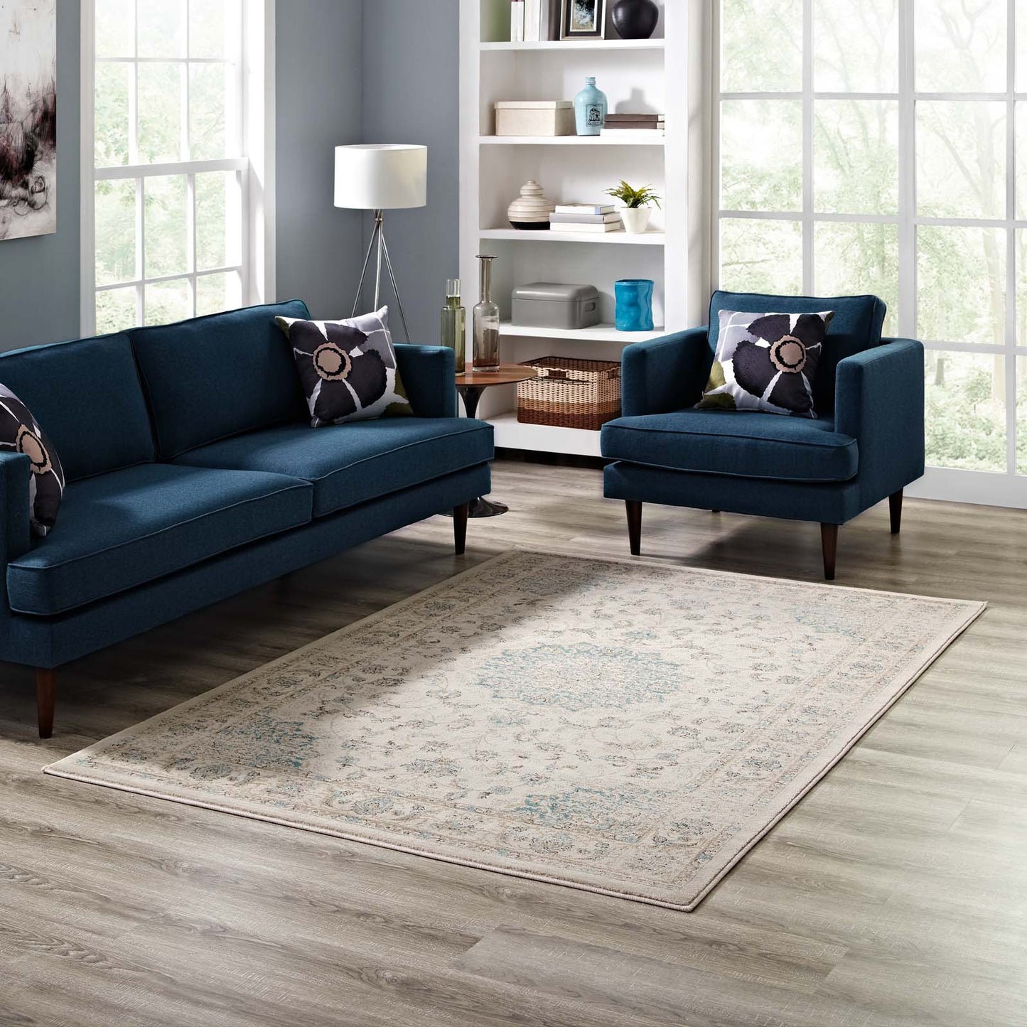 Modway Outlet Atara Distressed Vintage Medallion 5x8 Area Rug by Modway  Living Room Rugs Teal and Beige - R-1102A-58