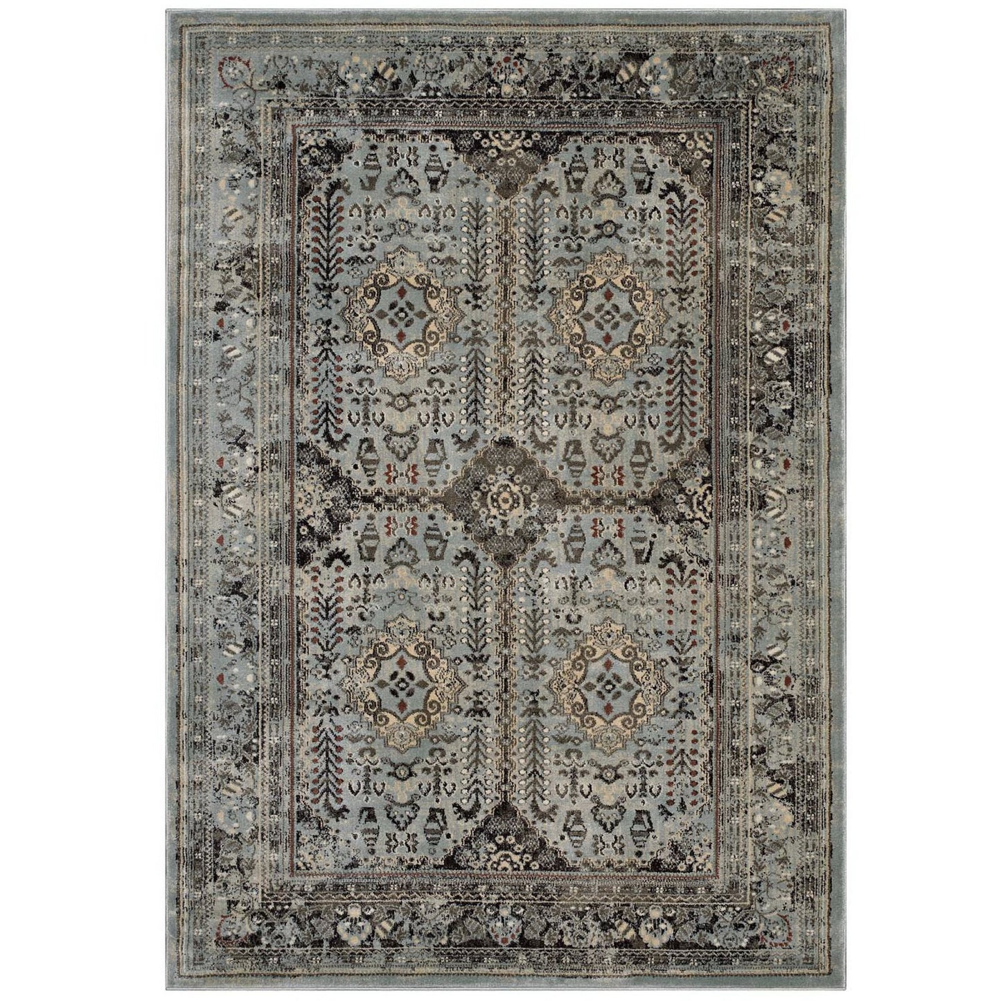 Distressed vintage floral lattice area rug in brown and silver-blue.