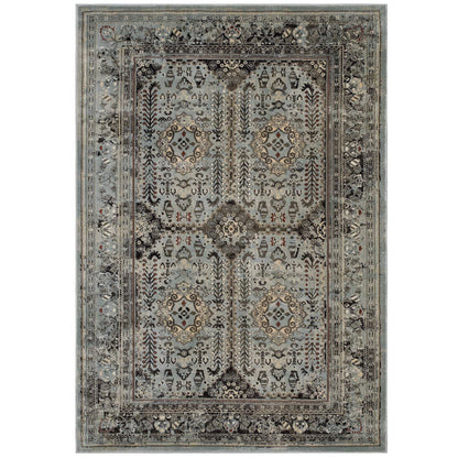 Distressed vintage floral lattice area rug in brown and silver-blue.