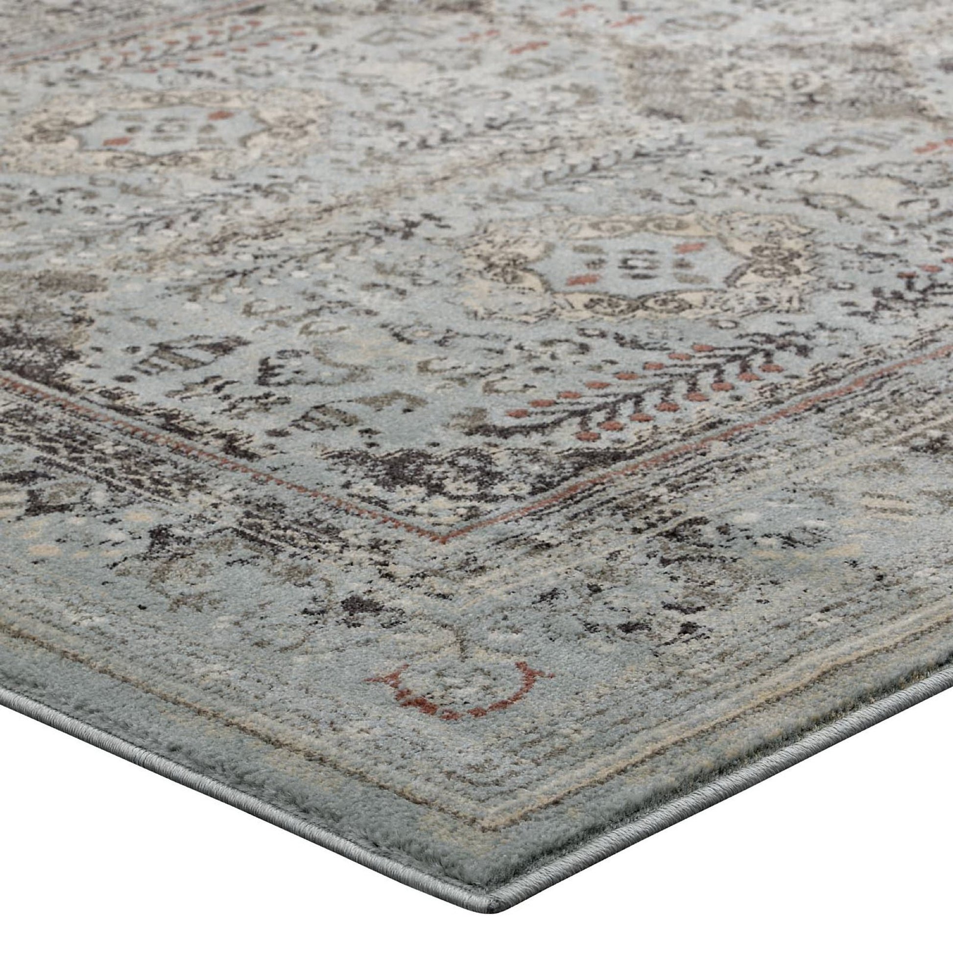 Distressed vintage floral lattice rectangular area rug in brown and silver-blue tones; 5x8.