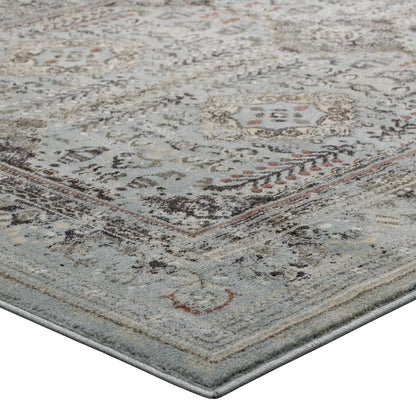 Distressed vintage floral lattice rectangular area rug in brown and silver-blue tones; 5x8.