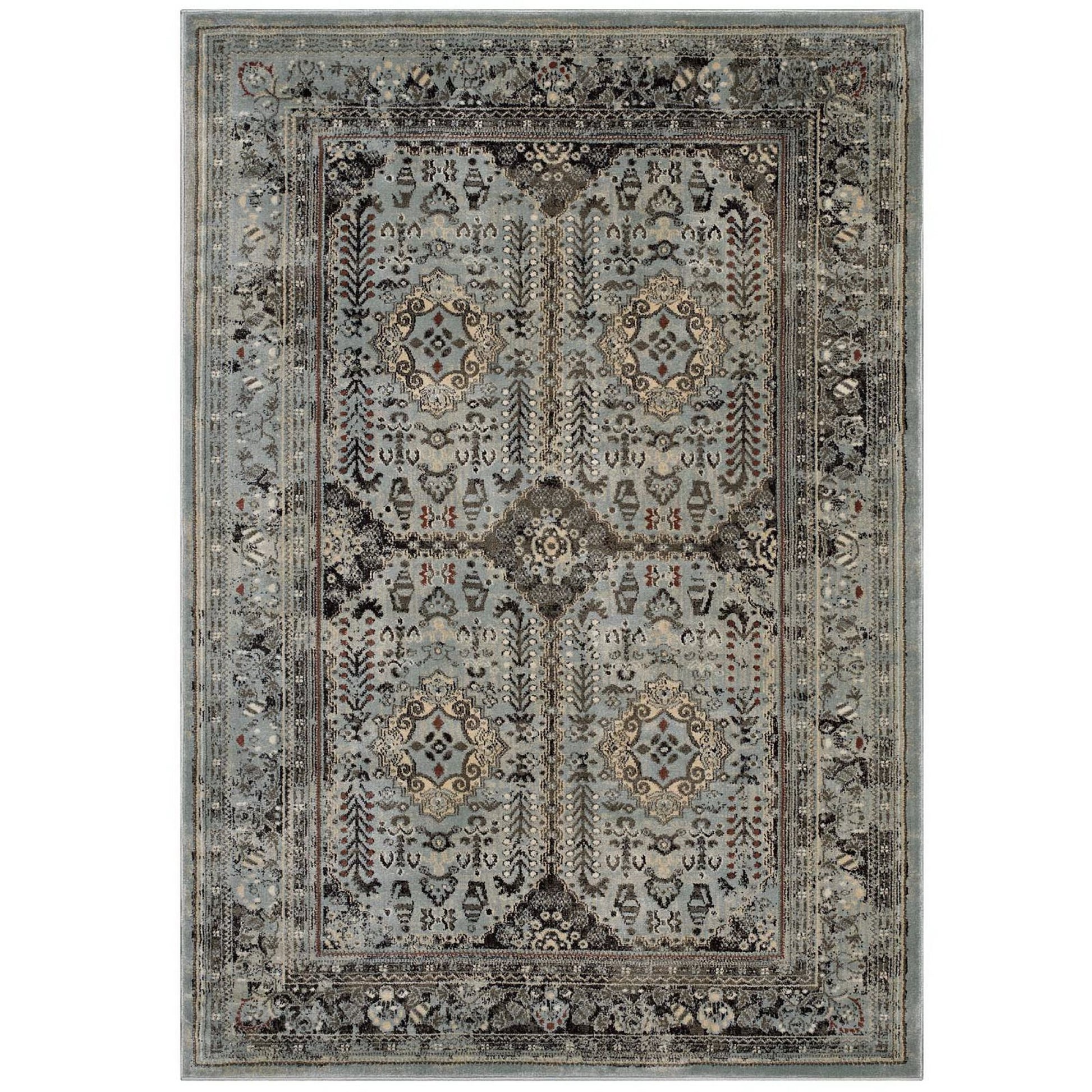 Blue-gray oriental area rug with a distressed vintage pattern, ivory, charcoal and tan floral medallions and ornate border.