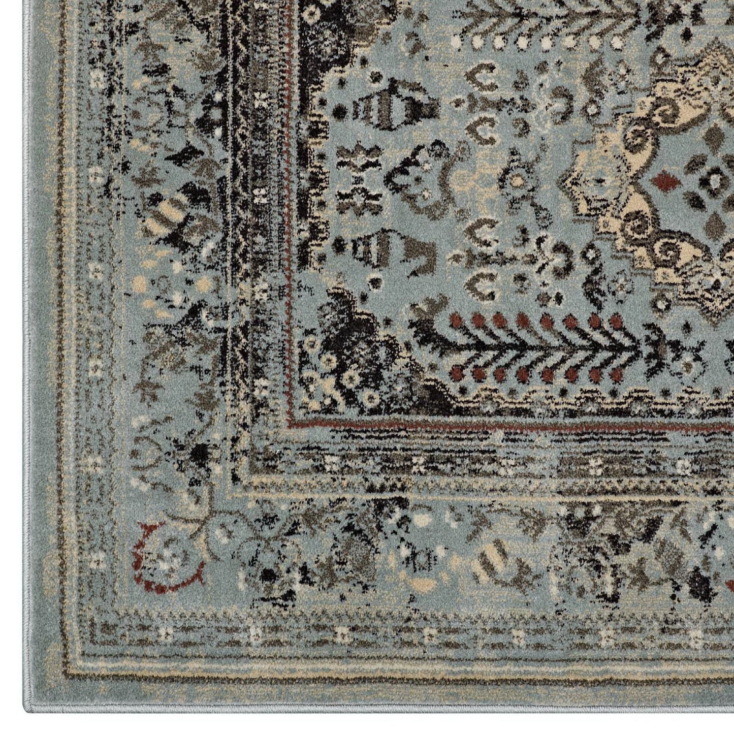 Blue-gray oriental area rug with beige/cream floral border and intricate central motifs; Persian-inspired pattern.