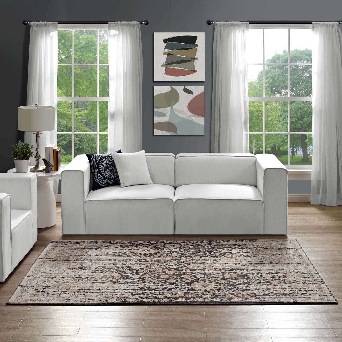 Modway Outlet Ganesa Distressed Diamond Floral Lattice 5x8 Area Rug by Modway  Living Room Rugs Black and Beige - R-1108A-58