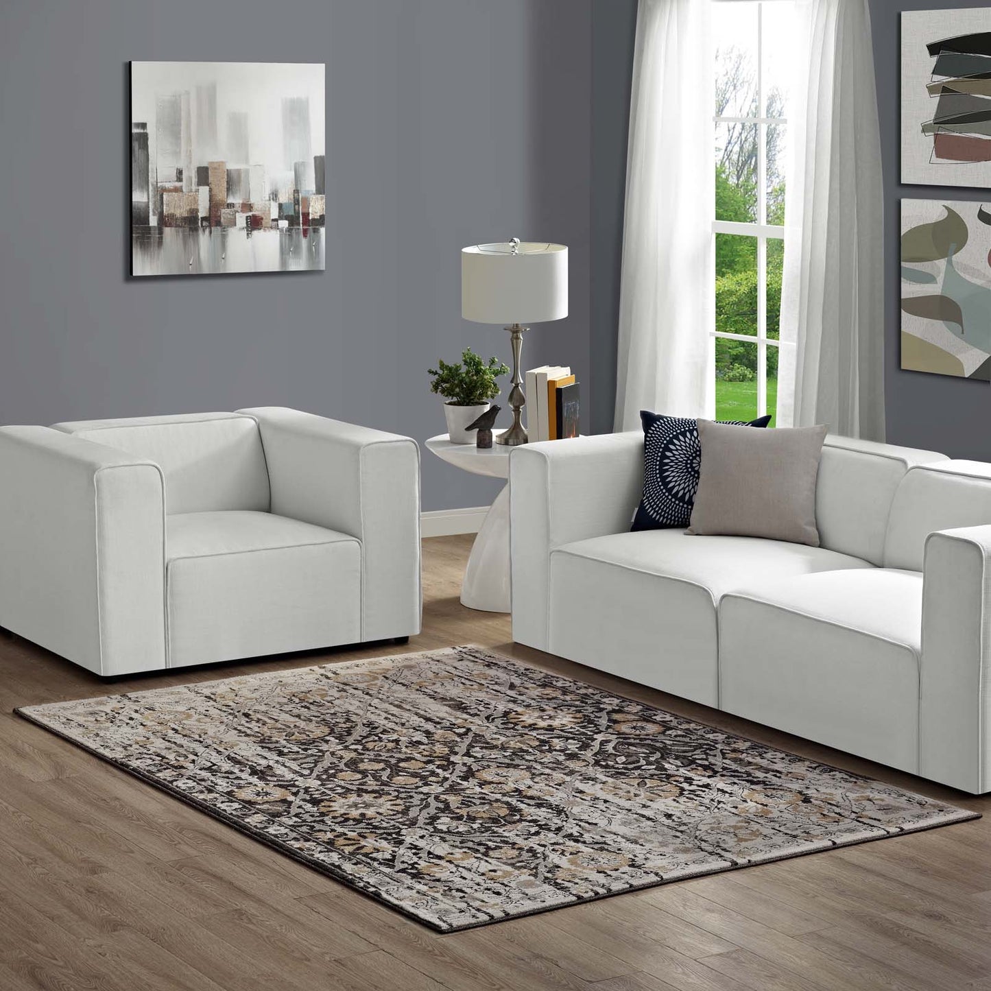 Modway Outlet Ganesa Distressed Diamond Floral Lattice 5x8 Area Rug by Modway  Living Room Rugs Black and Beige - R-1108A-58