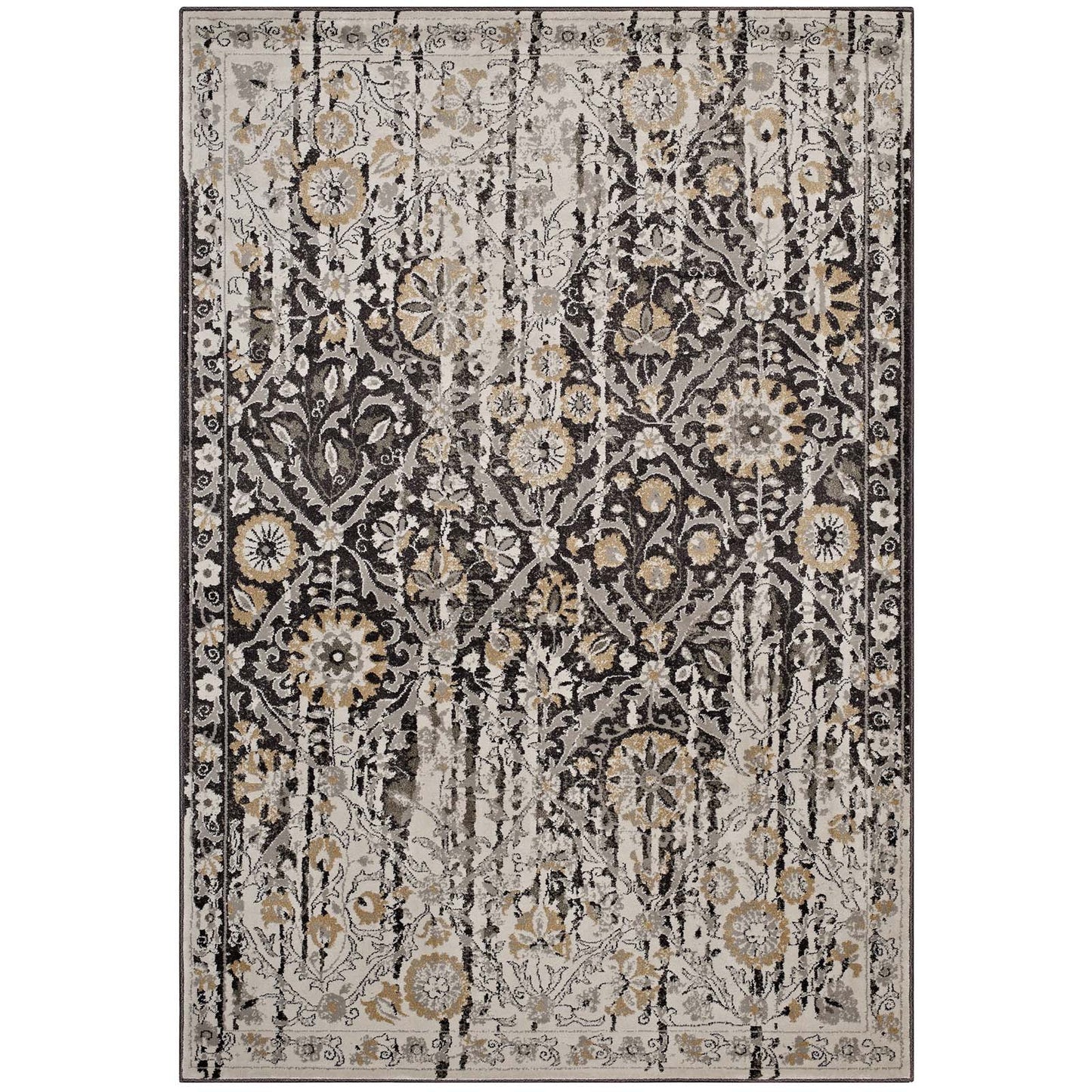 Modway Outlet Ganesa Distressed Diamond Floral Lattice 8x10 Area Rug by Modway  Living Room Rugs Black and Beige - R-1108A-810