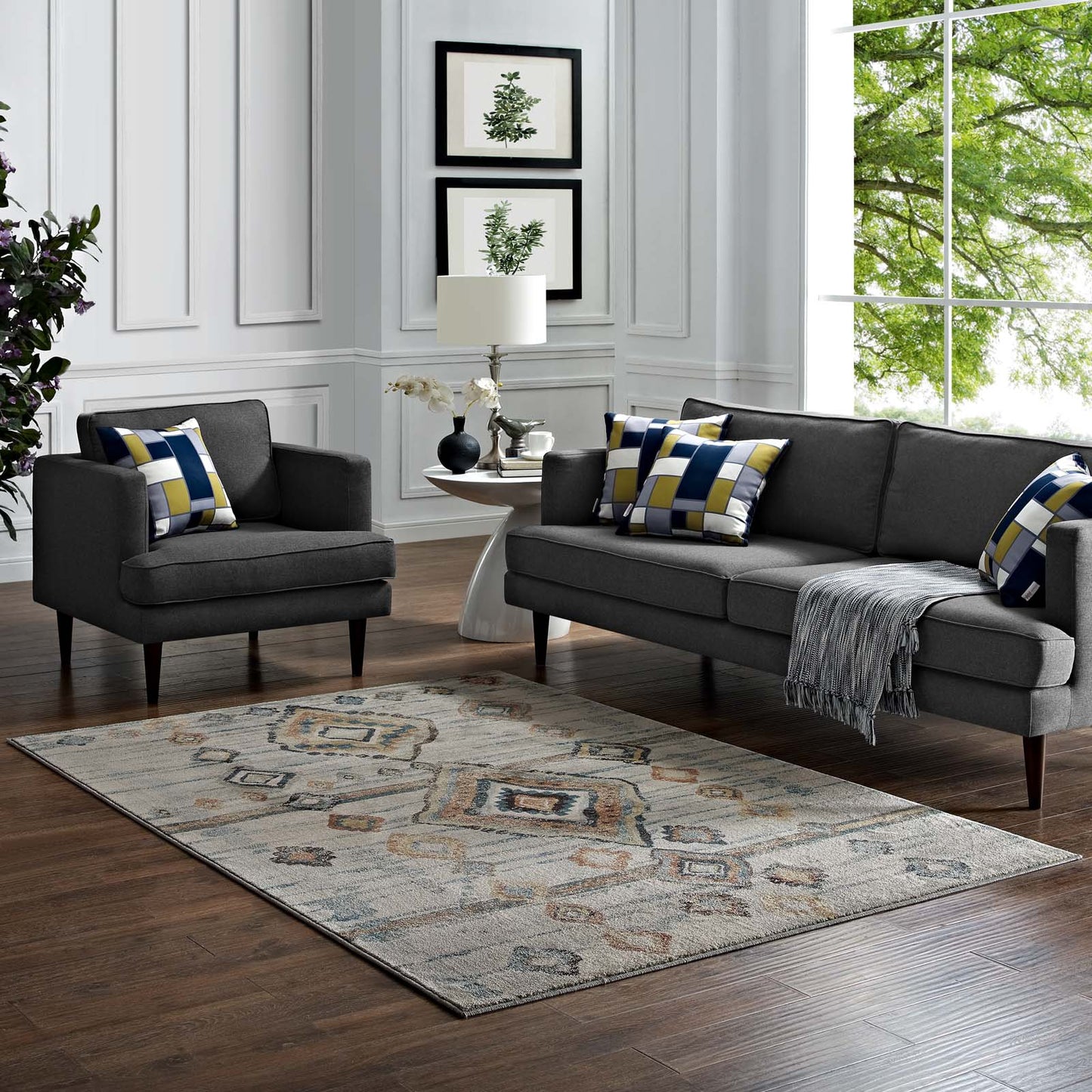 Modway Outlet Jenica Distressed Moroccan Tribal Abstract Diamond 5x8 Area Rug by Modway  Living Room Rugs Silver Blue Beige and Brown - R-1109A-58
