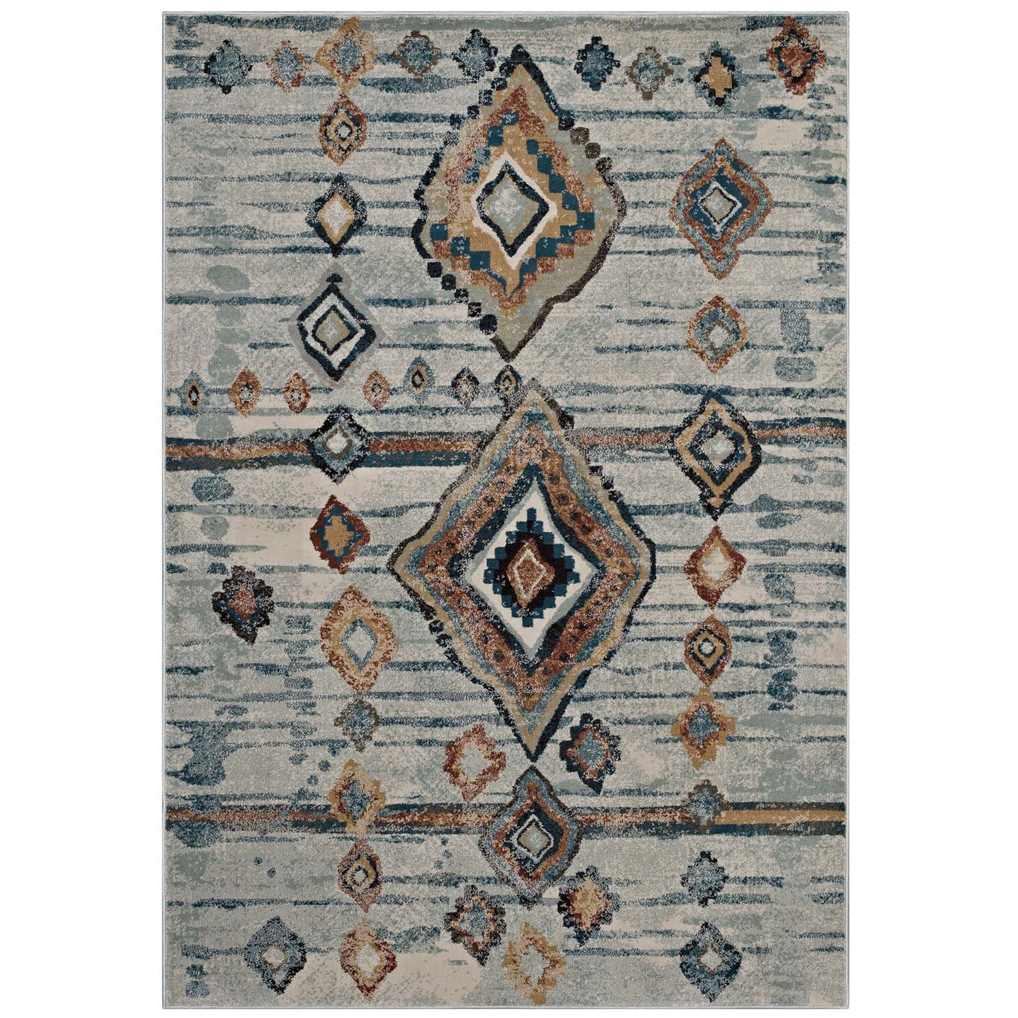 Modway Outlet Jenica Distressed Moroccan Tribal Abstract Diamond 8x10 Area Rug by Modway  Living Room Rugs Silver Blue Beige and Brown - R-1109A-810