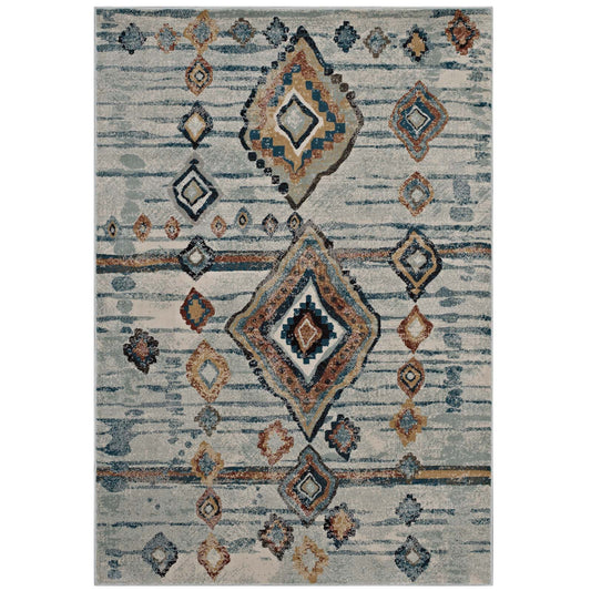 Modway Outlet Jenica Distressed Moroccan Tribal Abstract Diamond 8x10 Area Rug by Modway  Living Room Rugs Silver Blue Beige and Brown - R-1109A-810