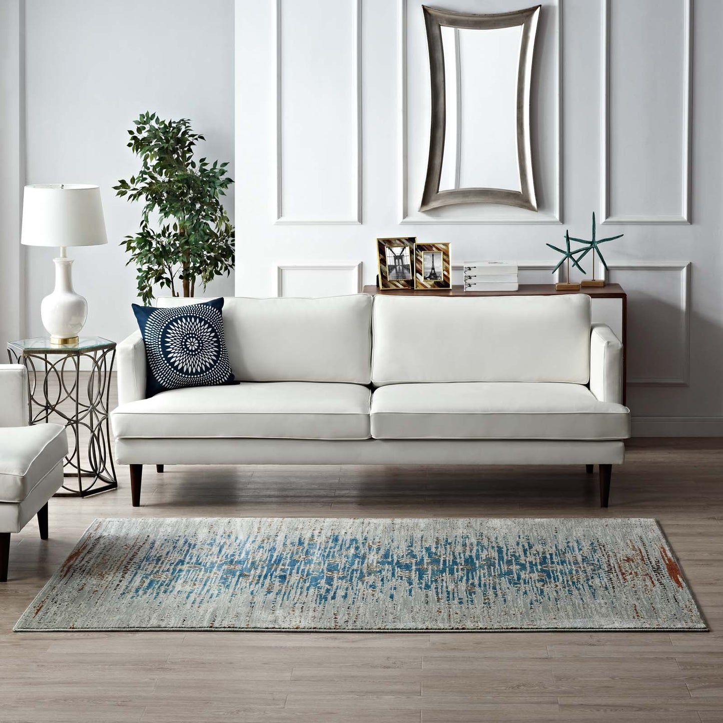 Modway Outlet Hesper Distressed Contemporary Floral Lattice 8x10 Area Rug by Modway  Living Room Rugs Teal Beige and Brown - R-1110A-810