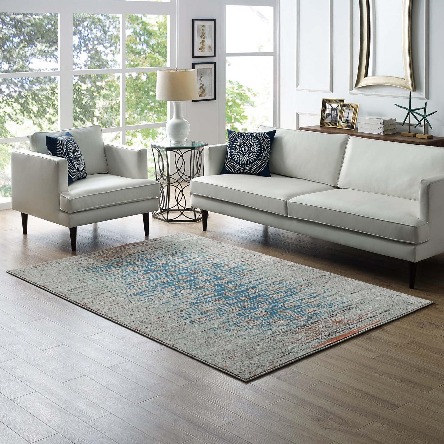 Modway Outlet Hesper Distressed Contemporary Floral Lattice 8x10 Area Rug by Modway  Living Room Rugs Teal Beige and Brown - R-1110A-810