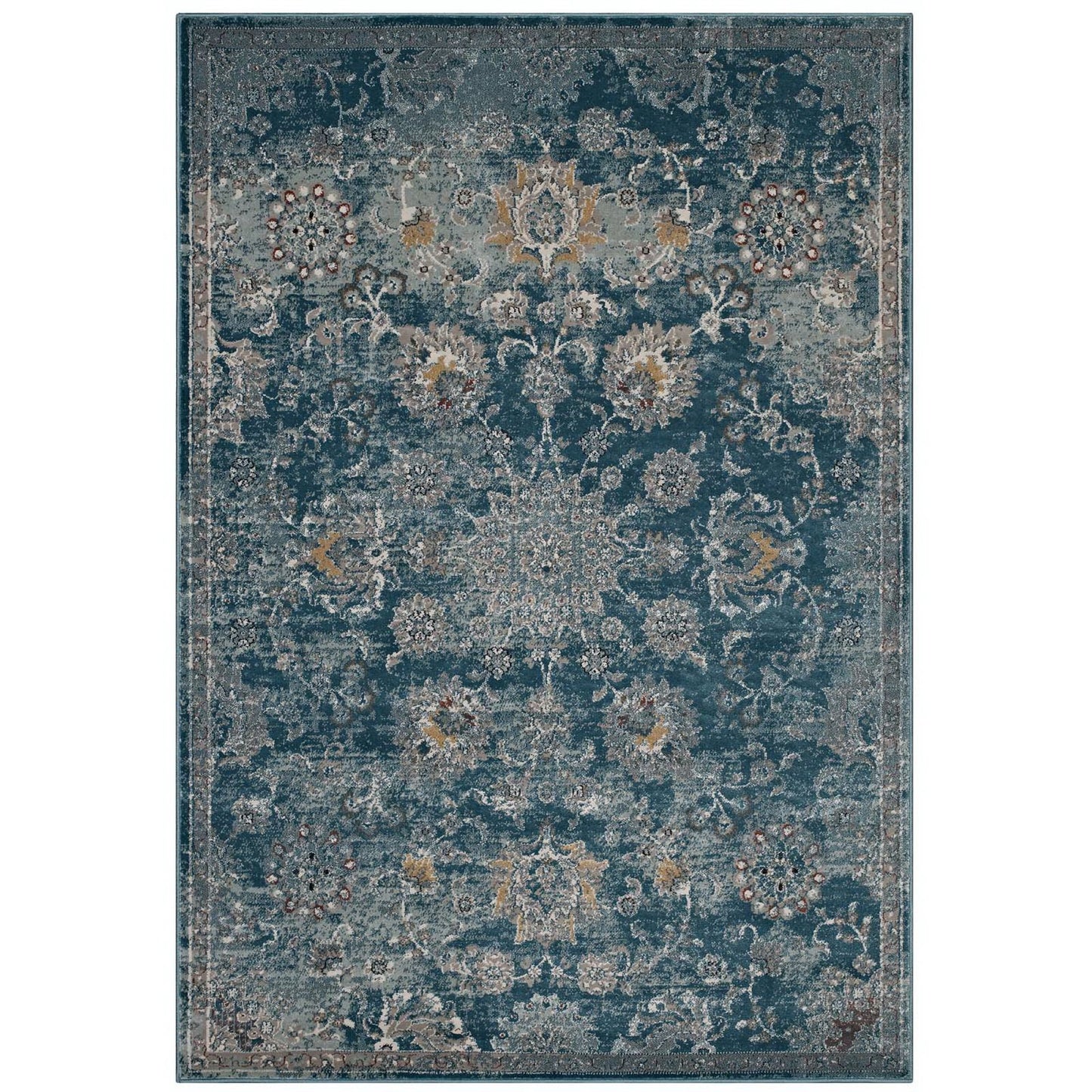 Modway Outlet Cynara Distressed Floral Vintage Medallion 5x8 Area Rug by Modway  Living Room Rugs Silver Blue Teal and Beige - R-1111B-58