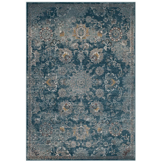 Modway Outlet Cynara Distressed Floral Vintage Medallion 5x8 Area Rug by Modway  Living Room Rugs Silver Blue Teal and Beige - R-1111B-58