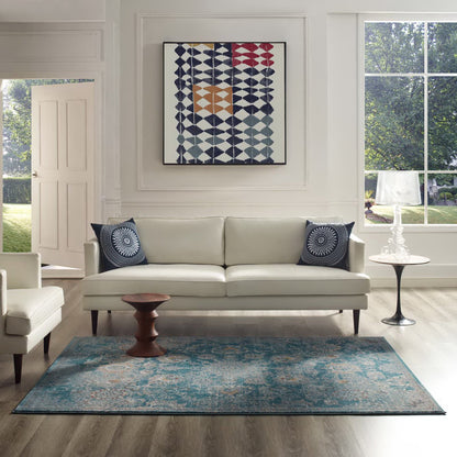 Modway Outlet Cynara Distressed Floral Vintage Medallion 5x8 Area Rug by Modway  Living Room Rugs Silver Blue Teal and Beige - R-1111B-58