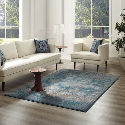 Modway Outlet Cynara Distressed Floral Vintage Medallion 5x8 Area Rug by Modway  Living Room Rugs Silver Blue Teal and Beige - R-1111B-58