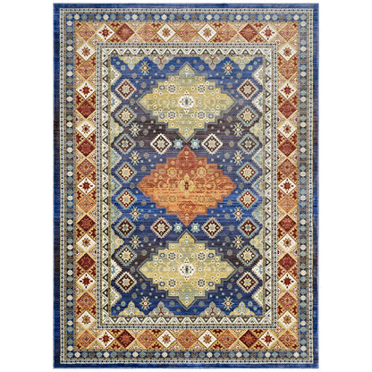 Colorful Southwestern diamond floral area rug with a blue field and three central diamond motifs in yellow and orange, bordered by navy, cream, and red.