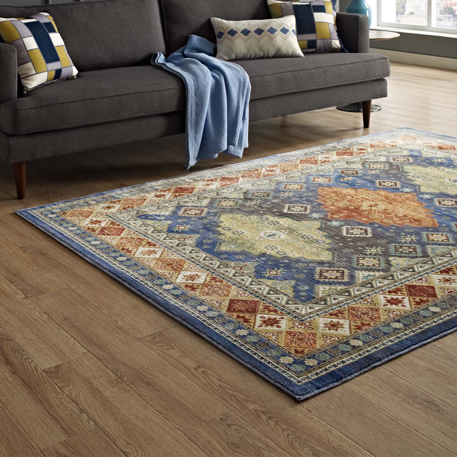 Grey sofa with geometric pillows and blue throw; large multicolor oriental area rug with blue border on wood floor.