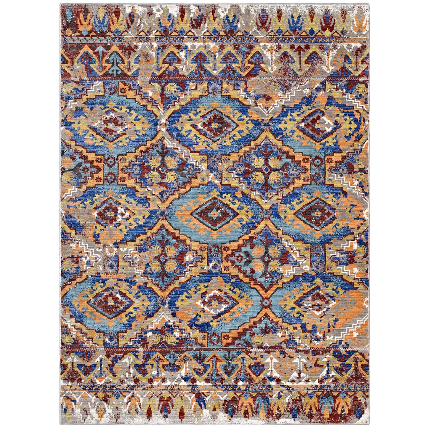 Distressed geometric kilim rug with diamond medallions in blue, teal, orange and ivory, framed by ornate borders.