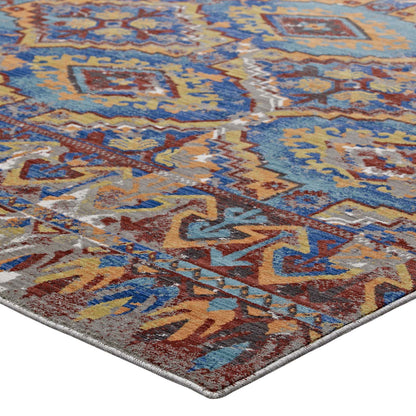 Rectangular, distressed Southwestern Aztec patterned area rug in blues, golds and reds; 8x10 living room or hallway rug.