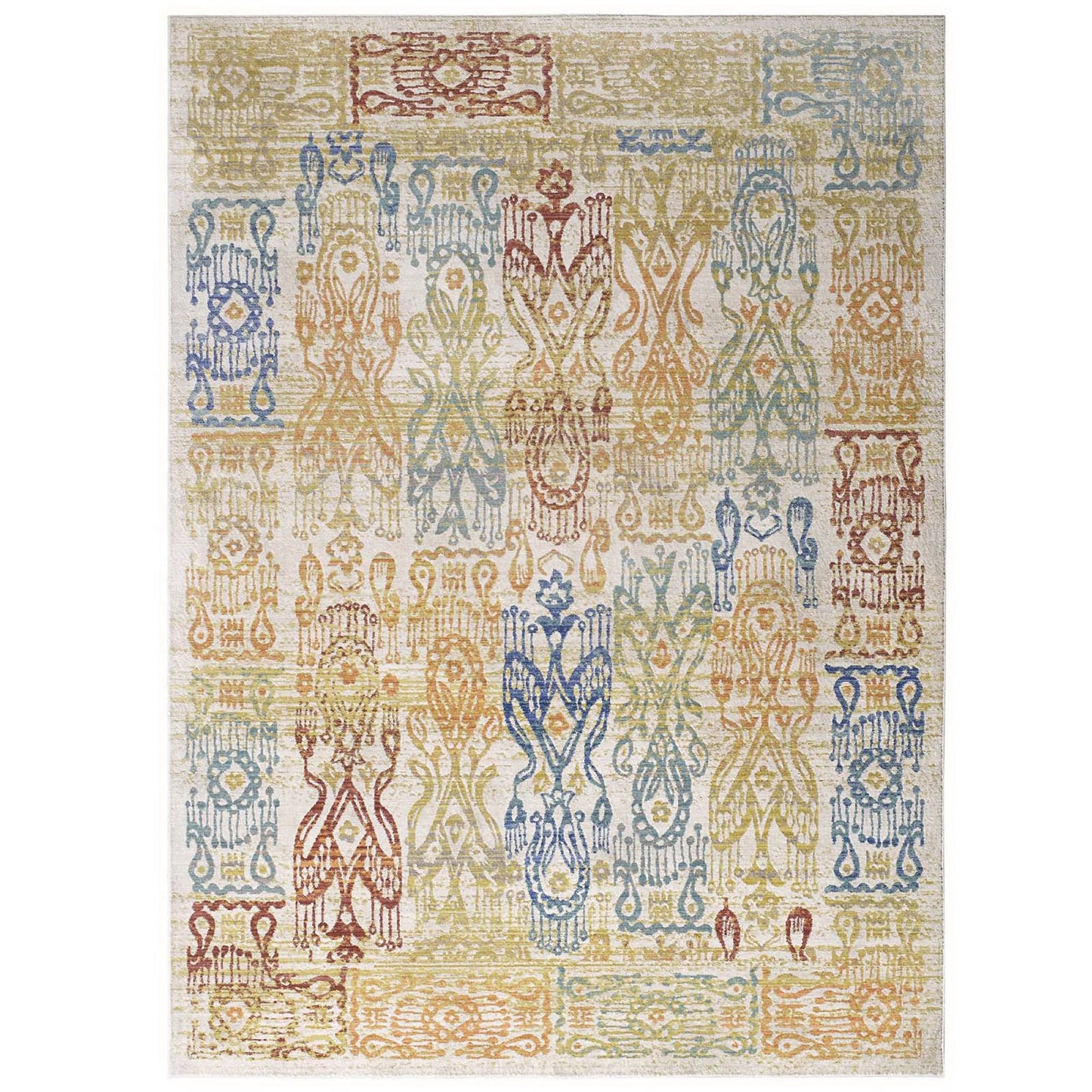 Rectangular Southwestern Aztec-inspired area rug with a distressed multicolor pattern in pastel blues, yellows, pinks, and greens on ivory.